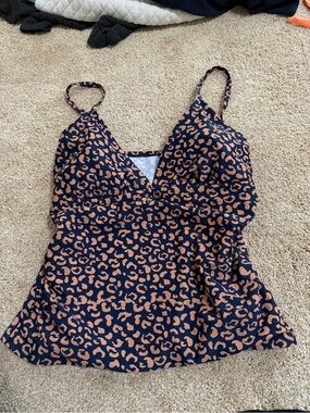 Kona Sol Navy & Tan Leopard Print V-Neck tankini Top new large
